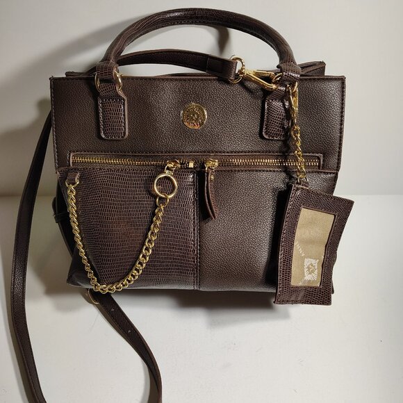 Elegant Brown Anne Klein Satchel w/ Textured Faux Leather + Gold Tone Hardware - Picture 2 of 16